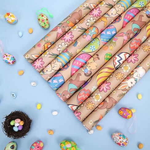 HOWAF 8 Sheets Kraft Easter Wrapping Paper, Easter Bunny Gift Wrapping Paper Easter Egg Packing Paper for Easter Gift Decorations, Spring Flower Wrapping Paper Easter Gift Wrap Paper in Saudi Arabia
