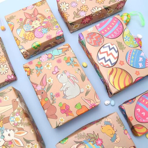 HOWAF 8 Sheets Kraft Easter Wrapping Paper, Easter Bunny Gift Wrapping Paper Easter Egg Packing Paper for Easter Gift Decorations, Spring Flower Wrapping Paper Easter Gift Wrap Paper in Saudi Arabia