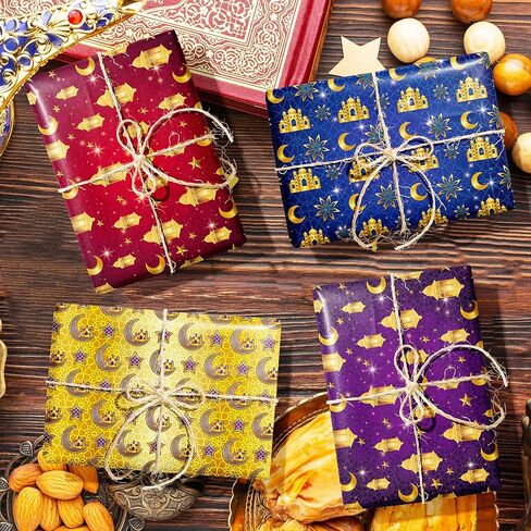 Blue Gold Eid Wrapping Paper – 6 Sheets 27" x 20" Eid Ramadan Gift Wrap Paper with Moon, Star and Lantern Design for Islam Holiday, Mubarak, Wedding, Birthday,Baby Shower Party Favor Supplies in Saudi Arabia