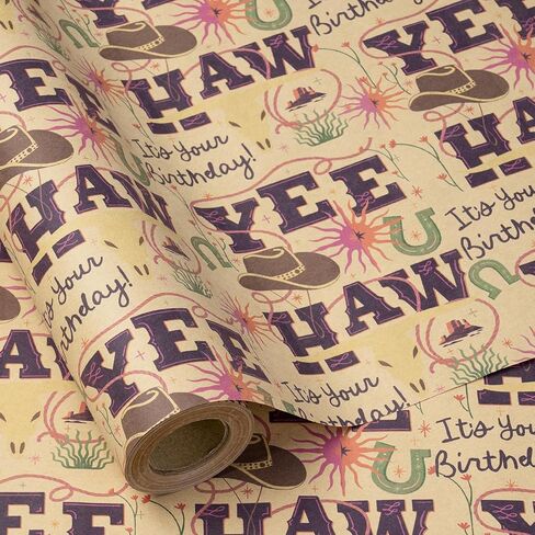 RUSPEPA Western Birthday Wrapping Paper Roll, Mini Roll, Kraft Gift Wrap with YEE HAW, Cowboy Hat, Horseshoe and Cactus Design Perfect for Boys' Birthday Party Celebration, 17 Inches X 16.4 Feet in Saudi Arabia