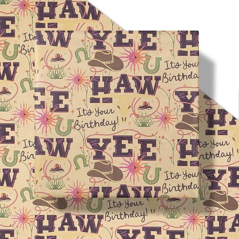 RUSPEPA Western Birthday Wrapping Paper Roll, Mini Roll, Kraft Gift Wrap with YEE HAW, Cowboy Hat, Horseshoe and Cactus Design Perfect for Boys' Birthday Party Celebration, 17 Inches X 16.4 Feet in Saudi Arabia