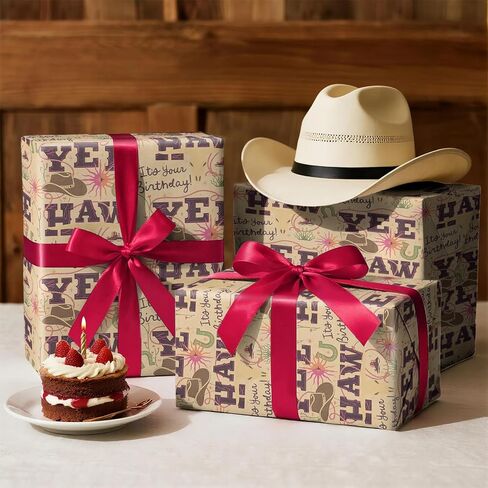 RUSPEPA Western Birthday Wrapping Paper Roll, Mini Roll, Kraft Gift Wrap with YEE HAW, Cowboy Hat, Horseshoe and Cactus Design Perfect for Boys' Birthday Party Celebration, 17 Inches X 16.4 Feet in Saudi Arabia