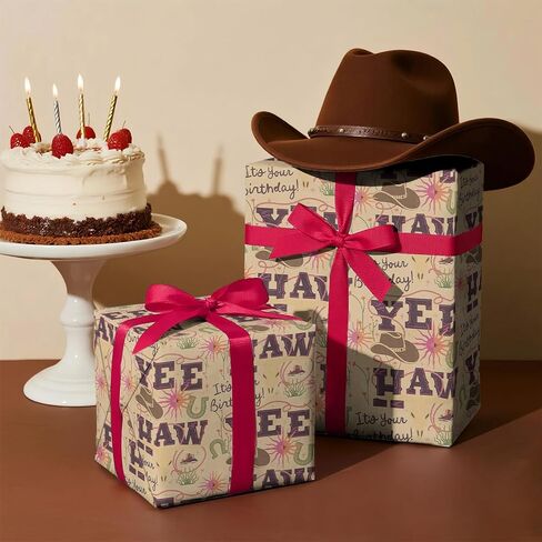 RUSPEPA Western Birthday Wrapping Paper Roll, Mini Roll, Kraft Gift Wrap with YEE HAW, Cowboy Hat, Horseshoe and Cactus Design Perfect for Boys' Birthday Party Celebration, 17 Inches X 16.4 Feet in Saudi Arabia