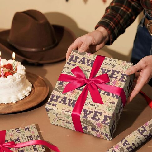 RUSPEPA Western Birthday Wrapping Paper Roll, Mini Roll, Kraft Gift Wrap with YEE HAW, Cowboy Hat, Horseshoe and Cactus Design Perfect for Boys' Birthday Party Celebration, 17 Inches X 16.4 Feet in Saudi Arabia