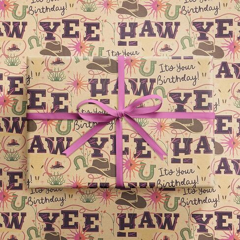 RUSPEPA Western Birthday Wrapping Paper Roll, Mini Roll, Kraft Gift Wrap with YEE HAW, Cowboy Hat, Horseshoe and Cactus Design Perfect for Boys' Birthday Party Celebration, 17 Inches X 16.4 Feet in Saudi Arabia