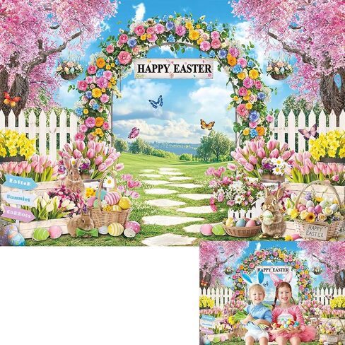 Happy Easter Backdrop Easter Garden Rabbit Colorful Eggs Photoshoot Background Spring Bunny Floral Party Decoration Banner Booth Props (7x5FT(82 x 59 inch)) in Saudi Arabia
