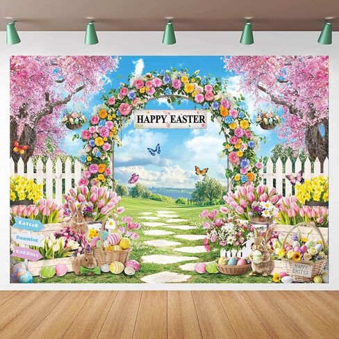 Happy Easter Backdrop Easter Garden Rabbit Colorful Eggs Photoshoot Background Spring Bunny Floral Party Decoration Banner Booth Props (7x5FT(82 x 59 inch)) in Saudi Arabia
