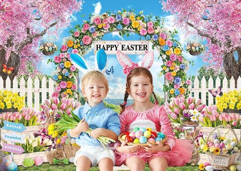 Happy Easter Backdrop Easter Garden Rabbit Colorful Eggs Photoshoot Background Spring Bunny Floral Party Decoration Banner Booth Props (7x5FT(82 x 59 inch)) in Saudi Arabia