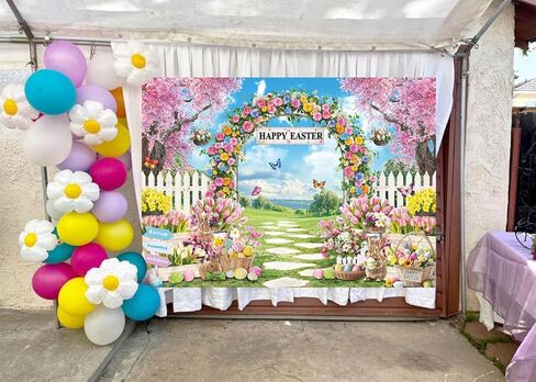 Happy Easter Backdrop Easter Garden Rabbit Colorful Eggs Photoshoot Background Spring Bunny Floral Party Decoration Banner Booth Props (7x5FT(82 x 59 inch)) in Saudi Arabia