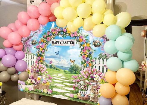 Happy Easter Backdrop Easter Garden Rabbit Colorful Eggs Photoshoot Background Spring Bunny Floral Party Decoration Banner Booth Props (7x5FT(82 x 59 inch)) in Saudi Arabia