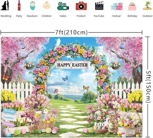 Happy Easter Backdrop Easter Garden Rabbit Colorful Eggs Photoshoot Background Spring Bunny Floral Party Decoration Banner Booth Props (7x5FT(82 x 59 inch)) in Saudi Arabia