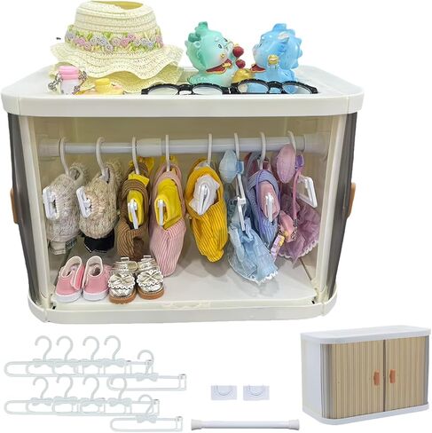 Foldable Doll Wardrobe Storage Box Compatible with Labubu Clothes,with 10 Clothing Rack & 1 Rod,Cabinet for 15/17cm Doll Clothes Storage with Cover & Display Shelf in Saudi Arabia