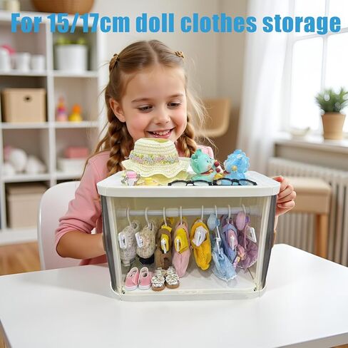 Foldable Doll Wardrobe Storage Box Compatible with Labubu Clothes,with 10 Clothing Rack & 1 Rod,Cabinet for 15/17cm Doll Clothes Storage with Cover & Display Shelf in Saudi Arabia