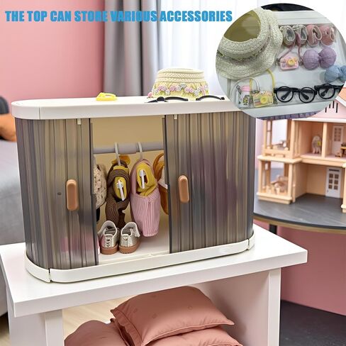 Foldable Doll Wardrobe Storage Box Compatible with Labubu Clothes,with 10 Clothing Rack & 1 Rod,Cabinet for 15/17cm Doll Clothes Storage with Cover & Display Shelf in Saudi Arabia