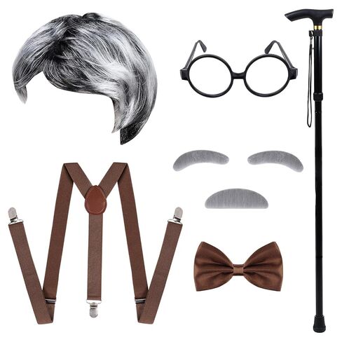 hoyuwak 7 PCS 100 Days of School Costume Old Man Costume with Gray Old Man Wig Cane Bow tie Moustache Eyebrows Suspender and Glasses for Halloween School Dress Up in Saudi Arabia
