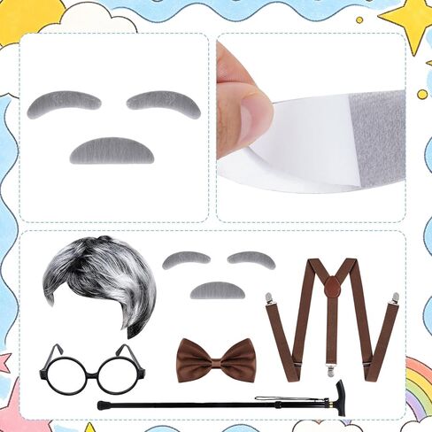 hoyuwak 7 PCS 100 Days of School Costume Old Man Costume with Gray Old Man Wig Cane Bow tie Moustache Eyebrows Suspender and Glasses for Halloween School Dress Up in Saudi Arabia