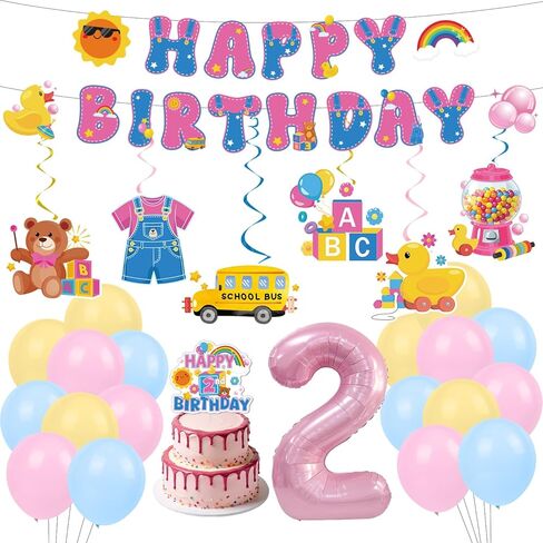 Rachell Teacher 1st Birthday Decorations - 28 Pcs Cartoon English Teacher Rachel Girls Banners with Hanging Swirls Balloons Cake Topper Party Decoration for 1 Year Old Birthday Decor in Kuwait