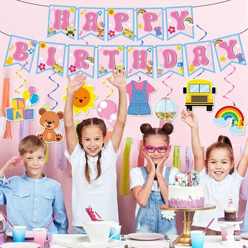 Girls Party Decorations Happy Birthday Banner Cartoon Teacher Hanging Swirl Streamers Cartoon Girls Birthday Decorations for Kids Baby Shower Classroom English Teacher Party Supplies in Saudi Arabia