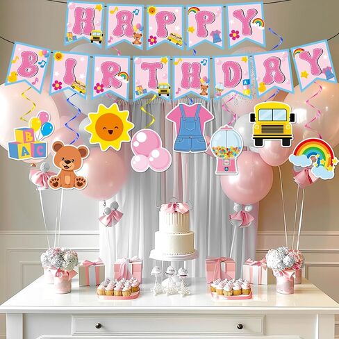 Girls Party Decorations Happy Birthday Banner Cartoon Teacher Hanging Swirl Streamers Cartoon Girls Birthday Decorations for Kids Baby Shower Classroom English Teacher Party Supplies in Saudi Arabia