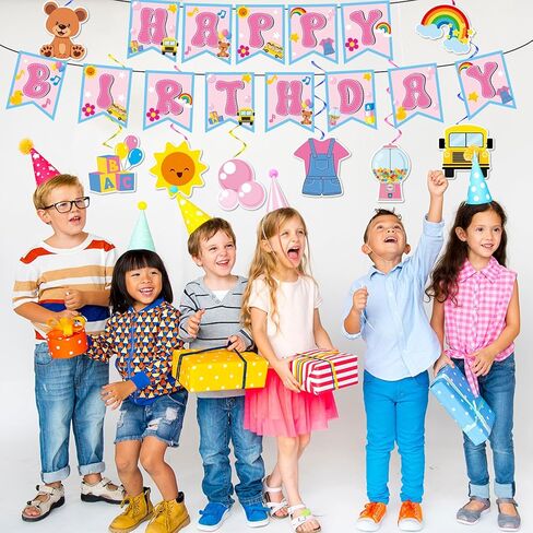 Girls Party Decorations Happy Birthday Banner Cartoon Teacher Hanging Swirl Streamers Cartoon Girls Birthday Decorations for Kids Baby Shower Classroom English Teacher Party Supplies in Saudi Arabia