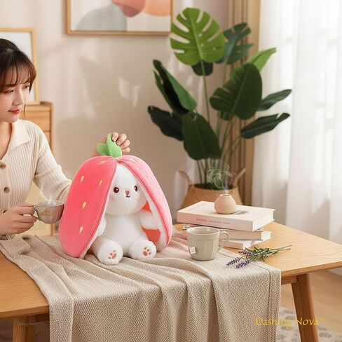 Strawberry Bunny Plush Toy Transformable Rabbit Stuffed Animal Pink 13.7 Inch Soft Plush Gift for Girlfriend Girls Kids in Saudi Arabia