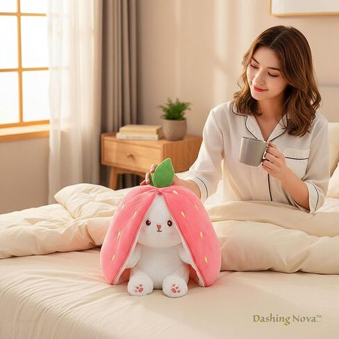 Strawberry Bunny Plush Toy Transformable Rabbit Stuffed Animal Pink 13.7 Inch Soft Plush Gift for Girlfriend Girls Kids in Saudi Arabia