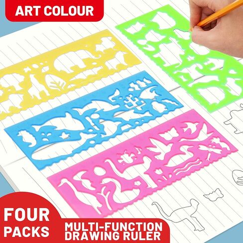 4PCS Cartoon Animal Painting Template Ruler Multifunctional Patterned Stencil Set for Elementary Student Drawing, School Art and Crafts, A in Saudi Arabia
