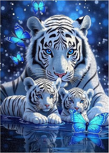 White Tiger Puzzles for Adults 1000 Pieces, Blue Butterfly Nature Jigsaw Puzzle, Challenging Wildlife Animal Art Puzzle, Beautiful Tiger Family Puzzle for Home Wall Decor in Saudi Arabia