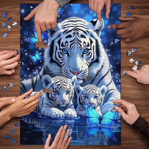 White Tiger Puzzles for Adults 1000 Pieces, Blue Butterfly Nature Jigsaw Puzzle, Challenging Wildlife Animal Art Puzzle, Beautiful Tiger Family Puzzle for Home Wall Decor in Saudi Arabia