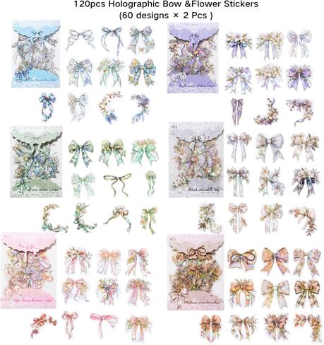 120pcs Holographic Bow Stickers,Cute Colorful PET Bowknot Stickers for Scrapbooking & Journaling,Decorative Stickers for DIY Crafts and Aesthetic Projects in Saudi Arabia