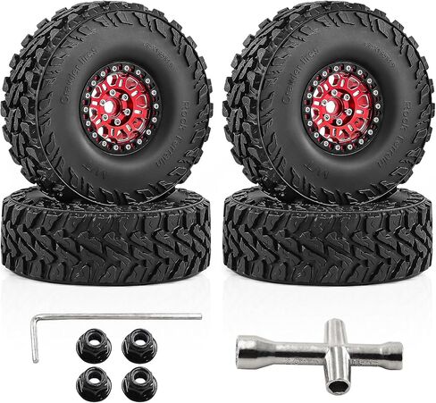 4 عبوات من عجلات وإطارات مصنوعة من خليط معدني مقاس 1.9 بوصة - تناسب زاحف RC 1/10 (TRX4/SCX10 II/III/D9/90046/D90) (أحمر) in Kuwait