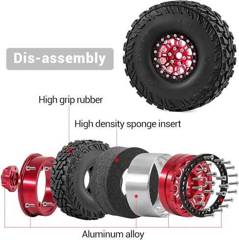 4 عبوات من عجلات وإطارات مصنوعة من خليط معدني مقاس 1.9 بوصة - تناسب زاحف RC 1/10 (TRX4/SCX10 II/III/D9/90046/D90) (أحمر) in Saudi Arabia