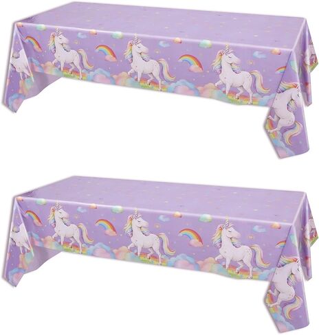 Unicorn Party Tablecloth, 54 × 108 Inch Unicorn Table Cover, 2 Pack Disposable Waterproof Plastic Tablecloths for Girls Birthday, Kids Unicorn Theme Party Decorations in Saudi Arabia