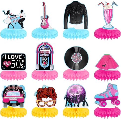 12 Pcs 1950's Rock and Roll Honeycomb Centerpieces, 50s Party Decorations, Retro Table Toppers Table Centerpieces, Retro Record Note Sign for Music Birthday Party Supplies Favors in Saudi Arabia