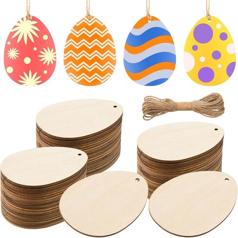MixTeach 60 Pcs Wooden Easter Egg Cutouts with Hole Unfinished Egg Wood Slices Blank Egg Hanging Ornaments with 32.8ft Rope for Easter Party DIY Crafts Holiday Present Tag Painting Supplies,3.15x2.36 in Saudi Arabia