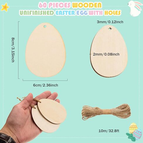 MixTeach 60 Pcs Wooden Easter Egg Cutouts with Hole Unfinished Egg Wood Slices Blank Egg Hanging Ornaments with 32.8ft Rope for Easter Party DIY Crafts Holiday Present Tag Painting Supplies,3.15x2.36 in Saudi Arabia
