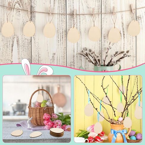 MixTeach 60 Pcs Wooden Easter Egg Cutouts with Hole Unfinished Egg Wood Slices Blank Egg Hanging Ornaments with 32.8ft Rope for Easter Party DIY Crafts Holiday Present Tag Painting Supplies,3.15x2.36 in Saudi Arabia