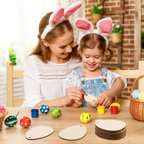 MixTeach 60 Pcs Wooden Easter Egg Cutouts with Hole Unfinished Egg Wood Slices Blank Egg Hanging Ornaments with 32.8ft Rope for Easter Party DIY Crafts Holiday Present Tag Painting Supplies,3.15x2.36 in Saudi Arabia