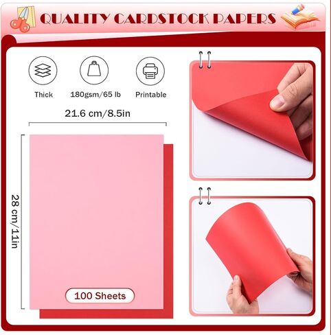 MixTeach 100 Sheets Cardstock Paper 8.5 x 11" Red Pink Card Stock Medium Thick 180gsm/65lb Cardstock A4 Printer Paper for Card Making, Crafts, Scrapbook, Invitations, Drawing, Printing in Saudi Arabia