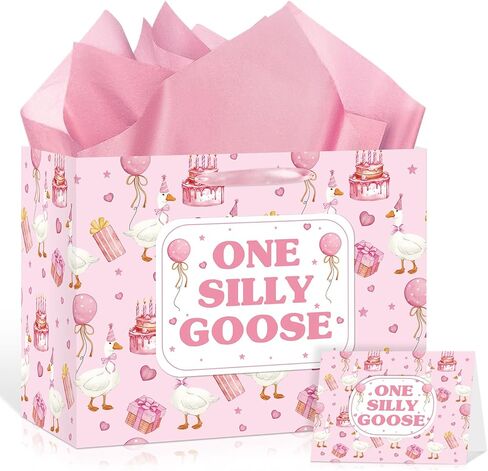 Woosytoo One Silly Goose 1st Birthday Gift Bag for Baby Girls Large Pink Goose Birthday Gift Bag with Wrapping Paper and Card for One Year Old Girls Newborn Baby Shower First Bday Party Supplies in Saudi Arabia