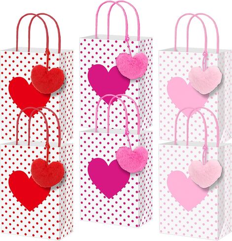 Hillban 24 Pcs Heart Paper Bags Bulk for Gifts with Heart Fluffy Plush Pendant 3x6x8 Inch Polka Dots Candy Paper Gift Bags with Handles Holiday Party Favor for Wedding(Pink, Hot Pink, Red) in Saudi Arabia
