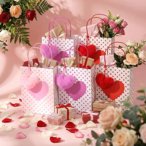 Hillban 24 Pcs Heart Paper Bags Bulk for Gifts with Heart Fluffy Plush Pendant 3x6x8 Inch Polka Dots Candy Paper Gift Bags with Handles Holiday Party Favor for Wedding(Pink, Hot Pink, Red) in Saudi Arabia