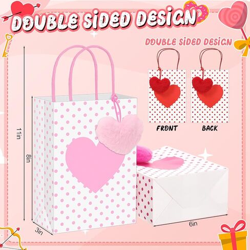Hillban 24 Pcs Heart Paper Bags Bulk for Gifts with Heart Fluffy Plush Pendant 3x6x8 Inch Polka Dots Candy Paper Gift Bags with Handles Holiday Party Favor for Wedding(Pink, Hot Pink, Red) in Saudi Arabia