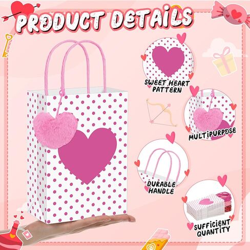 Hillban 24 Pcs Heart Paper Bags Bulk for Gifts with Heart Fluffy Plush Pendant 3x6x8 Inch Polka Dots Candy Paper Gift Bags with Handles Holiday Party Favor for Wedding(Pink, Hot Pink, Red) in Saudi Arabia