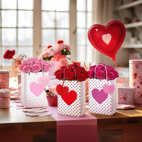 Hillban 24 Pcs Heart Paper Bags Bulk for Gifts with Heart Fluffy Plush Pendant 3x6x8 Inch Polka Dots Candy Paper Gift Bags with Handles Holiday Party Favor for Wedding(Pink, Hot Pink, Red) in Saudi Arabia