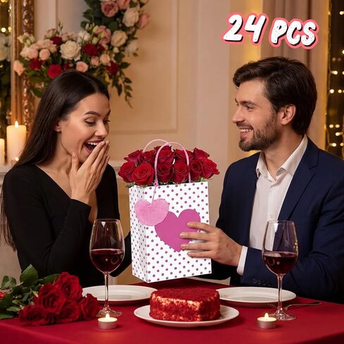 Hillban 24 Pcs Heart Paper Bags Bulk for Gifts with Heart Fluffy Plush Pendant 3x6x8 Inch Polka Dots Candy Paper Gift Bags with Handles Holiday Party Favor for Wedding(Pink, Hot Pink, Red) in Saudi Arabia