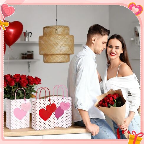Hillban 24 Pcs Heart Paper Bags Bulk for Gifts with Heart Fluffy Plush Pendant 3x6x8 Inch Polka Dots Candy Paper Gift Bags with Handles Holiday Party Favor for Wedding(Pink, Hot Pink, Red) in Saudi Arabia