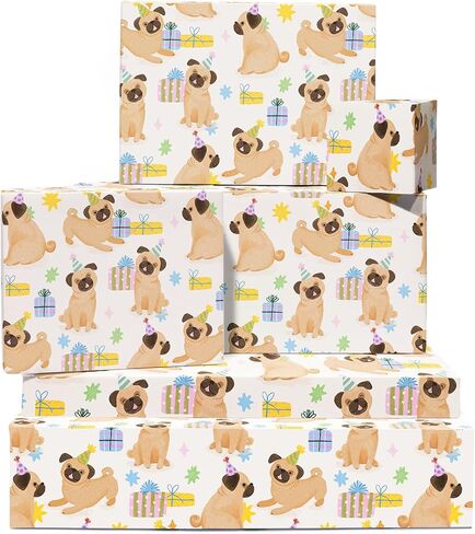 CENTRAL 23 Pug Wrapping Paper - 6 Sheets Of Gift Wrap With Tags - Pugs, Birthday Presents And Hats - Dog Wrapping Paper For Fur Mom Dad - Dog Lovers - Recyclable in Saudi Arabia