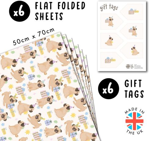 CENTRAL 23 Pug Wrapping Paper - 6 Sheets Of Gift Wrap With Tags - Pugs, Birthday Presents And Hats - Dog Wrapping Paper For Fur Mom Dad - Dog Lovers - Recyclable in Saudi Arabia