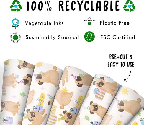 CENTRAL 23 Pug Wrapping Paper - 6 Sheets Of Gift Wrap With Tags - Pugs, Birthday Presents And Hats - Dog Wrapping Paper For Fur Mom Dad - Dog Lovers - Recyclable in Saudi Arabia